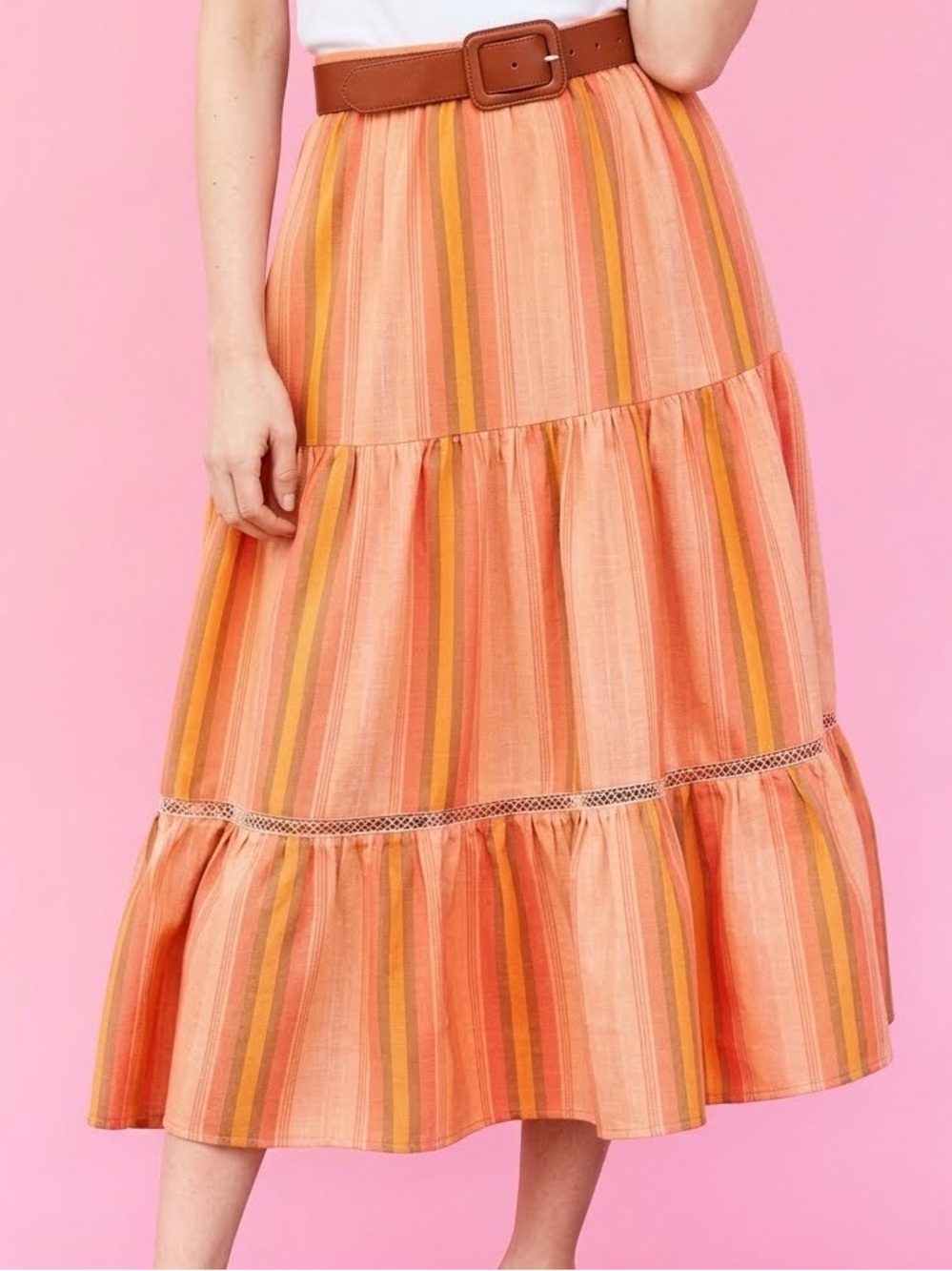 Matilda Jane Dream Chasers Apricot Tree Coral Stripe Tiered Midi Skirt NEW Large